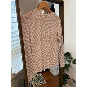 Sheer Mesh Checkerboard Long Sleeve Top Women's Beige Tan Crew Neck M/L